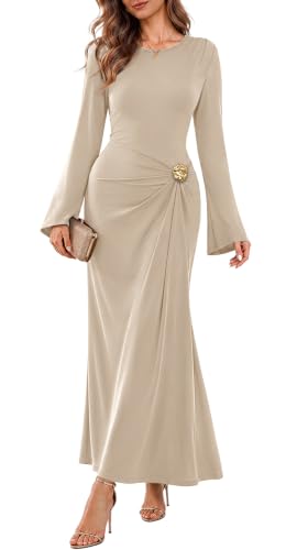 Sipaya Maxi Bodycon Dresses for Women Wedding Guest Formal Business Casual Long Sleeve Cocktail Outfits Midi Fall Fashion Winter Clothing Funeral Apricot L - image 1