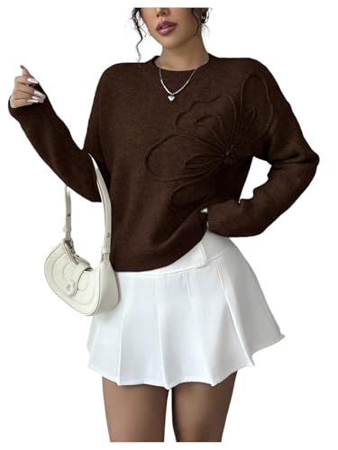 Image of RoseSeek Women's 3D Floral Appliques Crewneck Sweaters Long Sleeve Drop Shoulder Pullovers Elegant Knit Tops