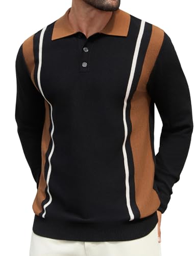 Hardaddy Men's Vintage Striped Polo Sweater Color Block Lightweight Long Sleeve Collared Knit Shirts Black Brown L