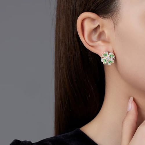 Sterling Silver Heart Shaped and Lucky Transfer 360°rotating Zircon Crystal Four-leaf Clover Studs Earrings2