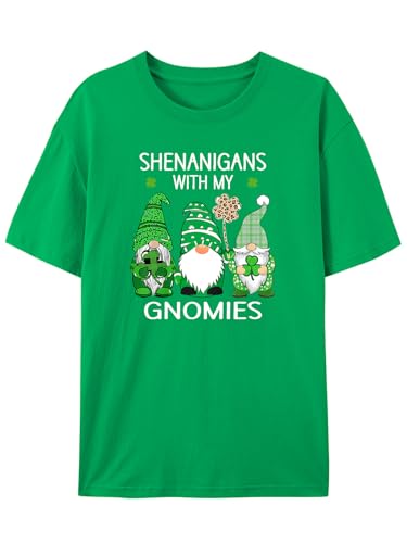 St. Patrick's Day Lucky Shamrock & Gnomes T-Shirt – 100% Cotton Irish Graphic Tee for Festive Fun (317B-IrishGreen,S)