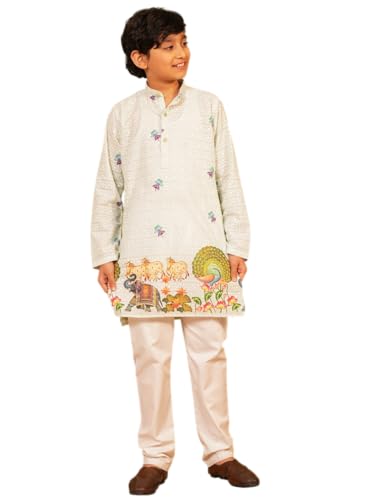 Image of AJ DEZINES Kurta Pajama For Kids Boys | Cotton Printed Chikankari Kurta Pyjama Set For Boys | Traditional & Festive Outfit | Party & Ethnic Wear | Stylish Kids Kurta Set