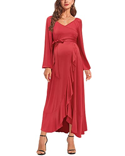 Ouges Womens Wrap Maxi Nursing Maternity Dresses For Photoshoot Baby Shower(Peach Red,L) #TOP2