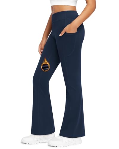 Stelle Girls Fleece Lined Flare Leggings Kids Bell Bottom with Pockets Warm Winter Athletic Yoga Pants (Navy XL)