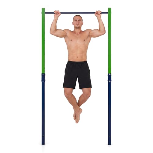 COSTWAY Outdoor In-Ground Pull Up Bar Station Heavy Duty Metal Chin Up Bar with 5 Adjustable Heights and 2/3 Ground Anchors Single/Double Free Standing Fitness Equipment (Green+Navy Single)