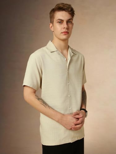 Image of Dennis Lingo Men's Half Sleeve Cuban Collar Solid Textured Relaxed Fit Casual Shirt