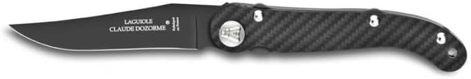 Claude Dozorme Laguiole Pocket Knife, Black Blade with Teflon Coating, Carbon Handle, 8.6" Open Length, One-Hand Opening, Liner Lock