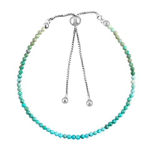 Odrilliongems Genuine Turquoise Gemstones Bolo Bracelet, Micro-Faceted Beads, Good Fortune Crystals, 925 Sterling Silver, Handmade, Birthstones, Adjustable Chain, Women Jewelry, Christmas Gifts, 10" #TOP5