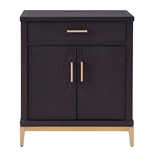 Image of Leick Home Julien Nightstand Side Table One Drawer and Lower Cabinet Modern - Fast Charging Station - Durable Solid Wood - Living Room, Bedroom, Office, Black with Gold Trim, 9079-BLKGD