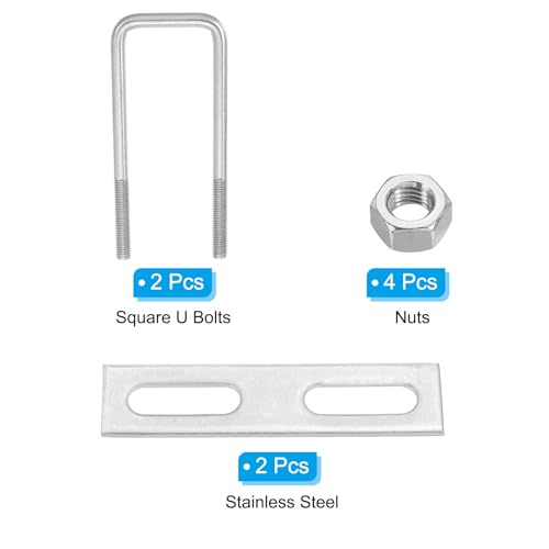 Image of PATIKIL M10x50x150mm Square U-Bolts Kit, 2Set 304 Stainless Steel Square U Shaped Bolts Replacement Parts with Frame Plates and Nuts for Ski Board Sailboat Trailer