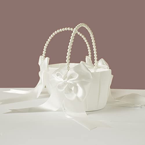 STAFUNI 2 PCS Wedding Flower Girl Basket, Pearl Handle Cute Flower Basket for Flower Girl, Ivory - Thumbnail 7