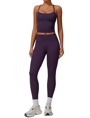 Womens Workout Sets Two Piece Seamless Stretch Cross Back Tank Top Matching Tummy Control High Waist...