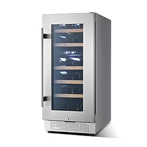 15″ Wine Cooler Refrigerator, 28 Bottle Seamless Stainless Steel Built-in Freestanding Wine Fridge Double-Layer Tempered Glass Door with Lock, Under Counter Wine Cellar