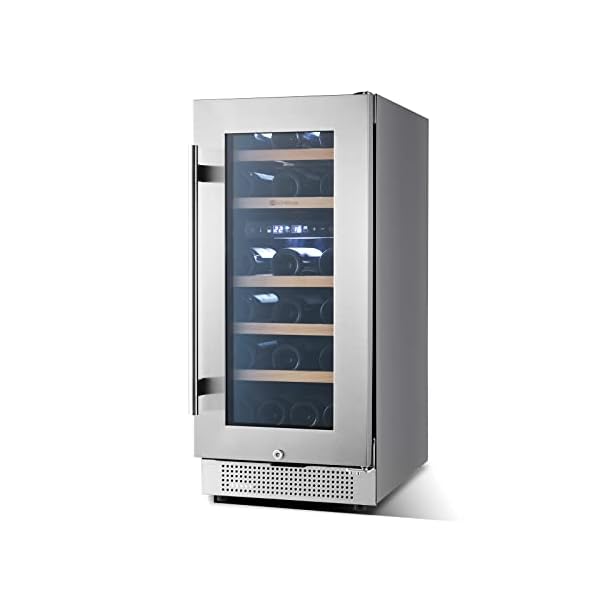 15″ Wine Cooler Refrigerator Dual Zones, 28 Bottle Seamless Stainless Steel Built-in Freestanding Wine Fridge Double-Layer Tempered Glass Door with Lock, Under Counter Wine Cellar