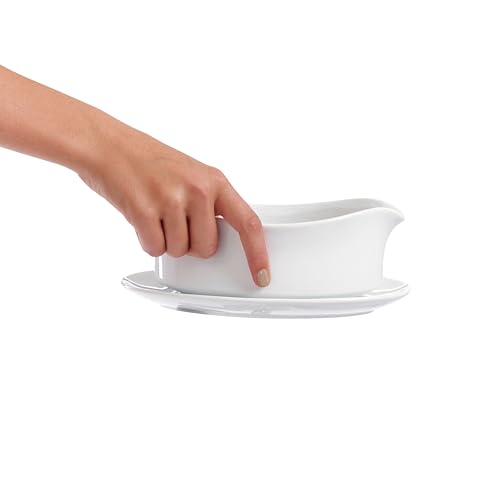 Image of HIC Kitchen Gravy Boat With Attached Saucer, Fine Porcelain, 18-Ounce Capacity For Gravy, Sauce, Au Jus, Dressing, Holiday Meals, And Entertaining