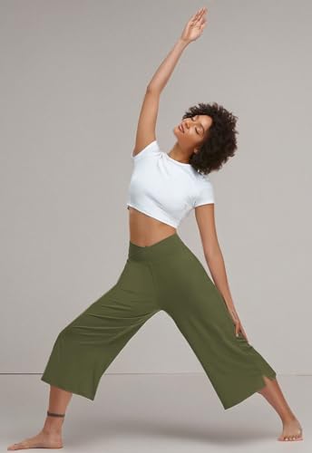 Image of TARSE Womens Casual Wide Leg Yoga Capris Crossover High Waist Capri Pants Loose Soft Pajama Pockets Sweatpants