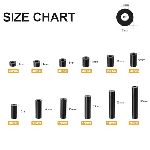 Image of Exqutoo 270Pcs ABS Round Spacers ID 3mm, OD 7mm, Length Ranges from 3mm to 35mm, Non-Threaded Outlet Screw Washers Suitable for M3 Screws Hardware Spacer Bracket, Black