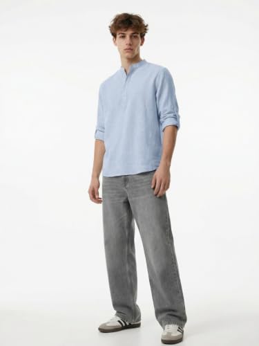 Image of Leriya Fashion Men's Lightweight Linen Shirt | Mandarin Collar 3 /4 Roll-Up Sleeve Henley Neck | Regular Fit Casual Travel Resort Shirt for Man | Linen Textured Shirts for Daily Use for Festivals
