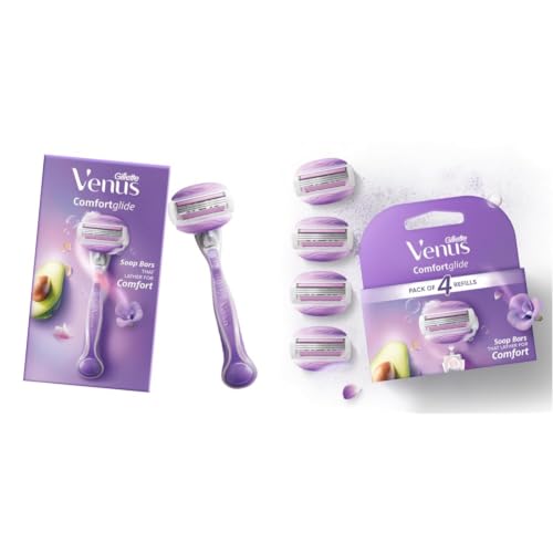 Image of Gillette Venus Comfortglide Hair Removal Razor for Women with Avocado Oils & Body Butter, Freesia Scent, 1 Pc & Comfortglide Hair Removal Razor Blades | Refills | Cartridges | 4 Pcs | for Women