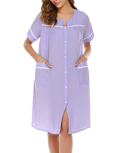 Luxilooks House Robe WomenS Short Sleeve Sleepwear Button-Front Cotton Nightgown(Lilac,X-Large) #TOP2