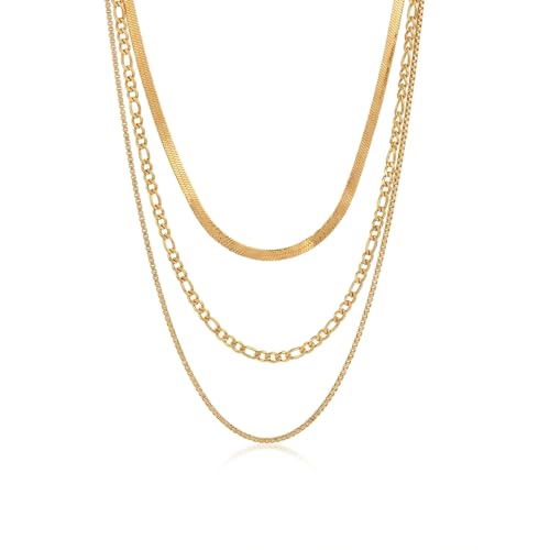Colkiow Layered Necklaces for Women, 14K Gold Plated Stackable Necklace Set | Chunky Cuban Herringbone Figaro Box Laying Chain Choker, Non Tarnish Waterproof Jewelry Gift for Women