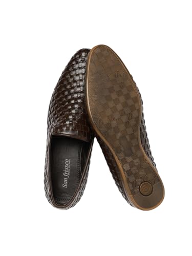 Image of San Frissco Leather Basketweave Handcrafted Leather Slip-Ons Regular Styling Cushioned Footbed|Comfortable Fashionable Stylish Flexible for Men