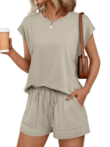 AUTOMET Womens Lounge Two 2 piece Sets Summer Spring Cruise Outfits 2026 Matching Beach Vacation Clothes Travel Sweatsuits Sweat Casual Romper Shorts Fashion Trendy Clothing Loungewear Khaki M
