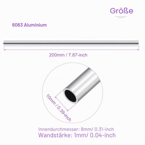 DMiotech 2er Pack (10mm Außendurchmesser x 8mm Innendurchmesser) Rundrohr aus 6063 Aluminium, 200mm Länge, Metallrohr für Maschinenrahmenbau und DIY-Projekte