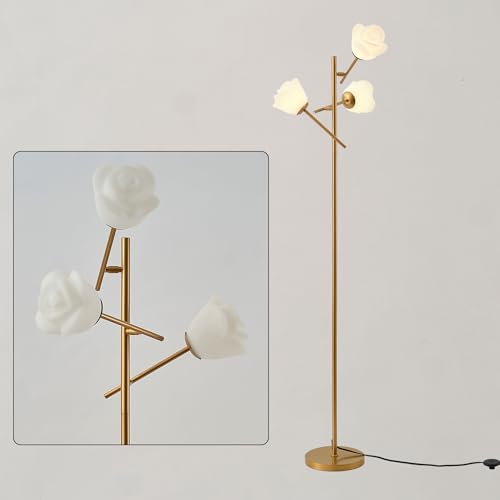 Image of Fiqevs Mid Century Modern Floor Lamp with 3 Adjustable Flower Shade - Floral LED Standing Light with Foot Switch & Light Bulb, Sputnik Tree Lamp for Living Rooms Bedrooms - Antique Brass /Gold