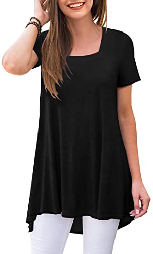 POPYOUNG Women's Long Tunic Tops to Wear with Leggings Summer Short Sleeve Loose Fit Dressy Square Neck Shirts M-5XL
