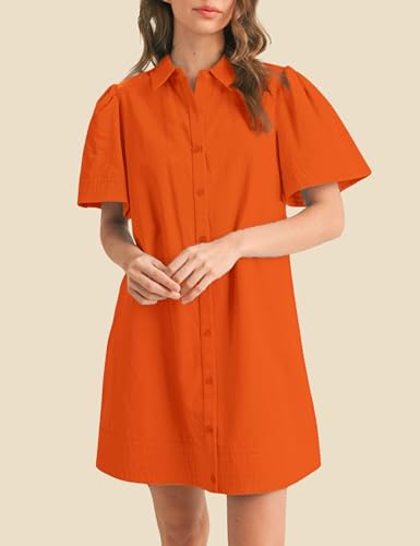 Image of Womens Short Sleeve Button Down Mini Shirt Dress Lapel Collar Short Dresses with Pocket