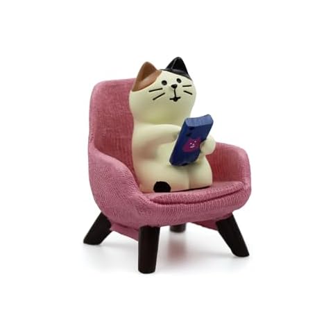 Cute Cat Playing Phone on Sofa Resin Mini Cat Figurine Desk Decor - Cute Cat Gift for Cat Lovers (Pink Sofa) Cover