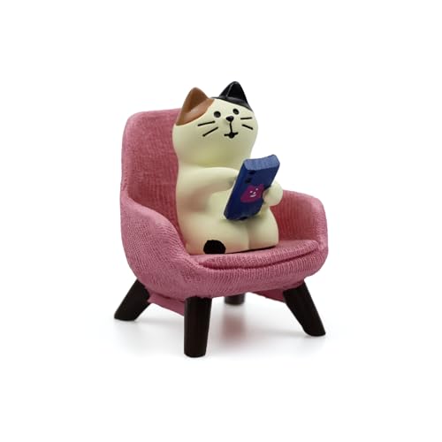 Refintural Cute Cat Playing Phone on Sofa Resin Figurine Desk Decor & Cat Lover Gift (Pink Sofa)
