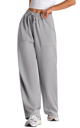 Image of Q - RIOUS Women's Wide Leg High Waisted Baggy Lounge Sweat Pants Drawstring Athletic Flared Joggers with Pockets