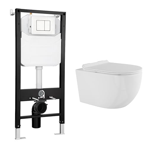 Eridanus Wall Hung Toilet with Tank, 2x6 In-Wall Toilet Tank Carrier, Wall Mounted Toilet Combo Set, Dual-Flush Plate Included, Floating Bowl With Soft-Close Seat, Glossy White, 2 Separate Packages