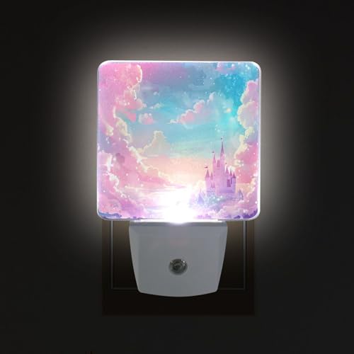 Image of Princess Castle Pink Sky Night Lights 2 Pack Plug-in Wall Led Nightlight Auto Dusk-to-Dawn Sensor Lamps for Bedroom Kitchen Bathroom