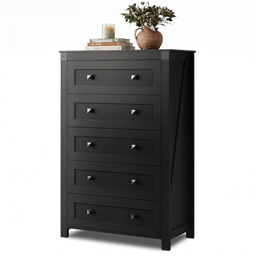 GALAXHERO Farmhouse Black TV Stand, 5 Drawer TV Console, Tall Wood Media Console with Double Rustic Handle, Entertainment Center for Living Room, Hallway, Closet
