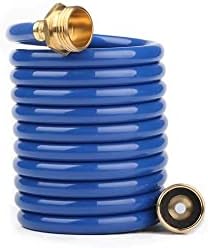 FangFarm Heavy-Duty EVA Coil Garden Hose with GHT Solid Brass Fittings, Water Hose with Brass Connectors, for Garden Lawn Watering, Car Washing (10FT, Blue)