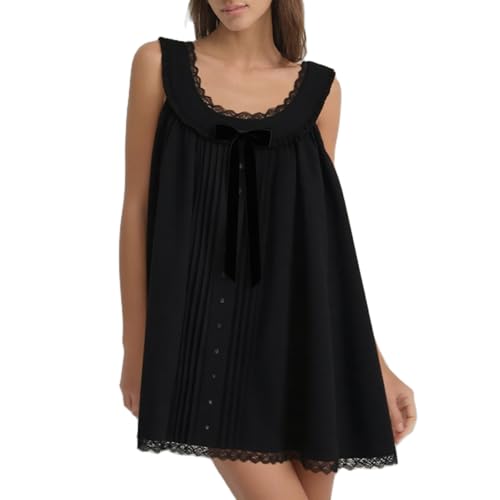 Image of Women Y2K Babydoll Mini Dress Cute Bow Lace Trim Pleated Ruffle Short Sundress Casual Party Vacation One Pieces