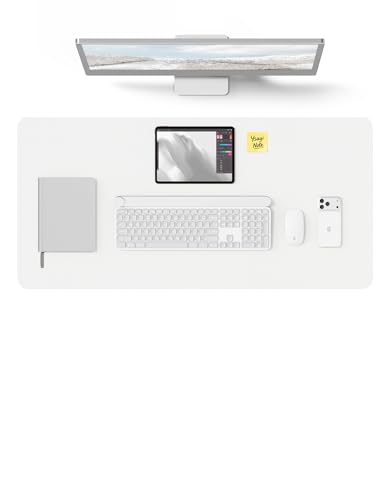 Image of YSAGi Leather Desk Protector, Office Mat, Large Mouse Mat, Non-Slip PU Leather Blotter, Laptop Desk, Waterproof Writing Pad for Office and Home (White, 31.5 inch x 15.8 inch)