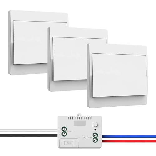 Juego de interruptor de luz inalámbrico 230V, interruptor de radio – no se requieren baterías, interruptor de pared impermeable, controle su lámpara hasta 200 m de distancia (1 receptor y 3 paneles de