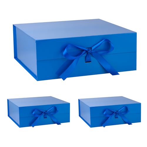 OEMVALATY Blue Gift Box,16x16x6 Inches Gift Boxes with Lids for Presents with Magnetic Closure and Ribbon for Wedding,Storage,Birthday(3-Pack)