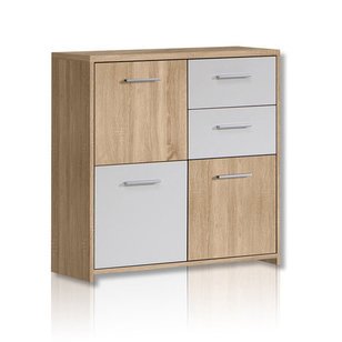 Forte Cómoda Quadro con 3 puertas y 2 cajones, material de madera, roble Sonoma / blanco, 77,2 x 29,6 x 77,5 cm