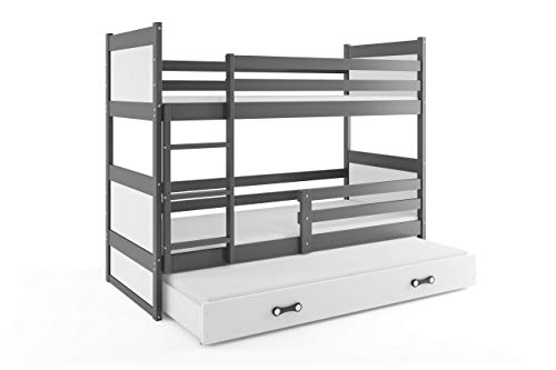 Litera infantil triple (3 camas) 190x90, RICO, color gris, cajón blanco, con somieres y colchones de espuma GRATIS