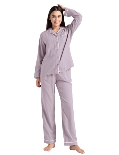 Image of Womens Muslin Pajama Set 100% Cotton Double Gauze Linen Like | Breathable Soft Comfort Button Up Loungewear Sleepwear PJ Set