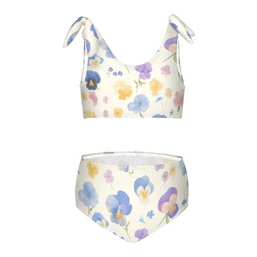 KLL The Garden Tricolor Pansy Flower Girls 2 Piece Bikini Sets Beach Swimsuits Swimwear Adjustable Strap
