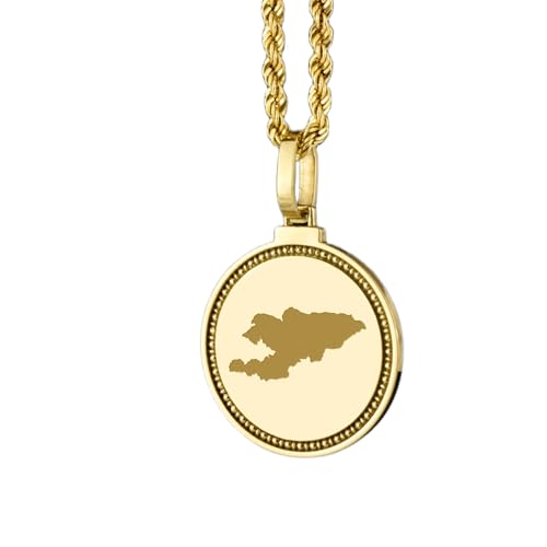 WORLD WIDE GEMS Pendentif rond en argent sterling 925, gravé d'une carte du Kirghizistan (25 mm), plaqué or, idéal pour les voyages et les occasions spéciales (cadeau unisexe) | WW_EGMP_0096
