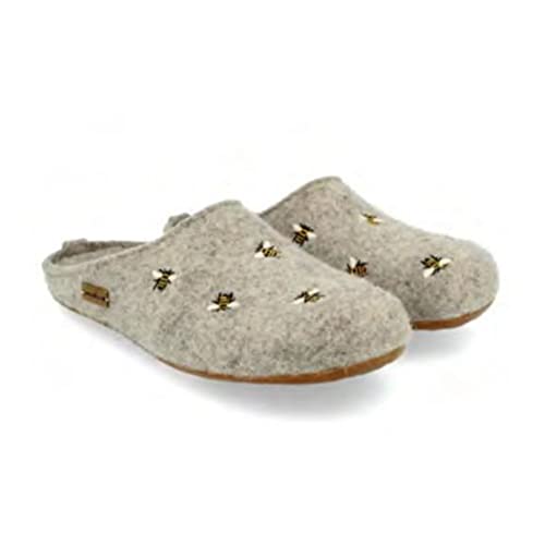 HAFLINGER Api Grey Wool/Bee Motif Womens Slip On Mule Slippers