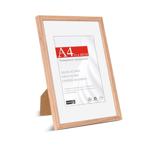 HIMEETIME 1x Picture Frames A4 21x30 cm Made of Solid OAK Wood Natural Oak Wood Frame | Display A5 (15x21 cm) Picture with Passepartout | for Wall Hangings or Table Decoration
