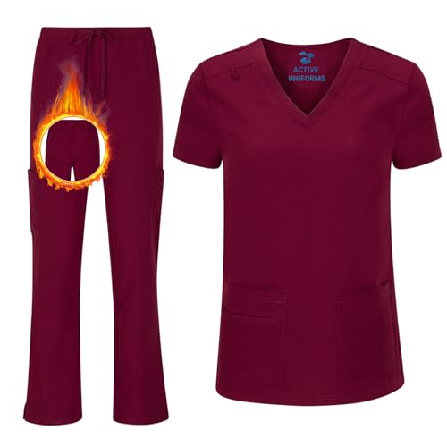 ACTIVE UNIFORMS Women's Cool Stretch V-Neck Top and Cargo Pant Scrub Set with Regular and Petite Sizes, Burgundy (Medium)